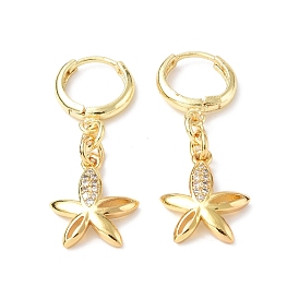 Clear Cubic Zirconia Flower Dangle Hoop Earrings, Rack Plating Brass Jewelry for Women