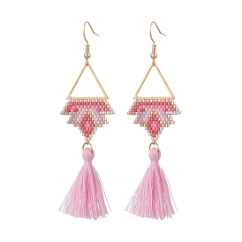 Glass Seed Braided Crown Dangle Earrings, with Cotton Tassels, Golden 304 Stainless Steel Triangle Jewelry for Women