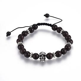 Adjustable Natural Sandalwood Braided Bead Bracelets, with Stainless Steel beads and Tibetan Style Spacer Beads, Skull