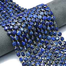 Нитки бусины из натурального ляписа-лазури, граненый шестиугольный разрез, плоско-круглые, с бисером