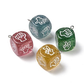 Transparent Resin Finger Guessing Game Dice Rock Pendants, with Glitter Powder and Platinum Tone Iron Loops, Dice Charm with White Gesture Pattern