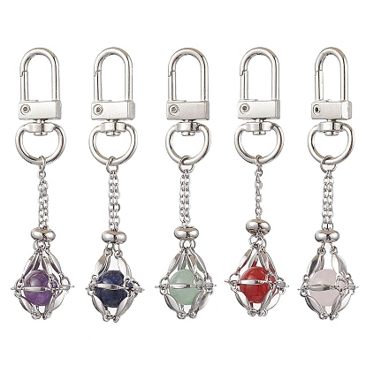 Stainless Steel Macrame Chain Pouch Round Natural Lapis Lazuli & Amethyst & Green Aventurine & Carnelian & Rose Quartz Holder Pendant Decorations