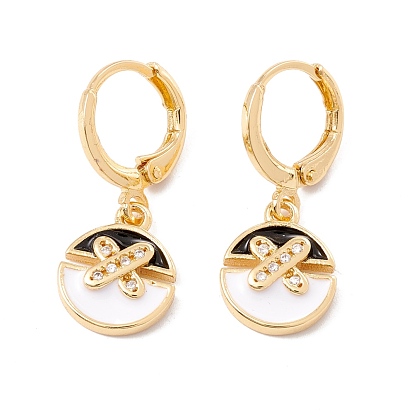 Enamel Flat Round Dangle Leverback Earrings with Clear Cubic Zirconia, Real 18K Gold Plated Brass Drop Earrings, Lead Free & Cadmium Free