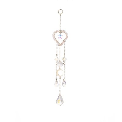 Glass Teardrop & Star Window Hanging Suncatchers, Heart Natural Gemstone & Brass Sun & Moon Pendants Decorations Ornaments