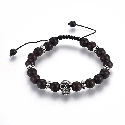 Adjustable Natural Sandalwood Braided Bead Bracelets, with Stainless Steel beads and Tibetan Style Spacer Beads, Skull