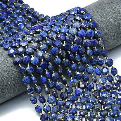Нитки бусины из натурального ляписа-лазури, граненый шестиугольный разрез, плоско-круглые, с бисером