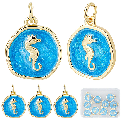10 кулоны латунные эмалевые шт., с прыжковых колец, долговечный, плоские круглые с морской конек, глубокое синее небо