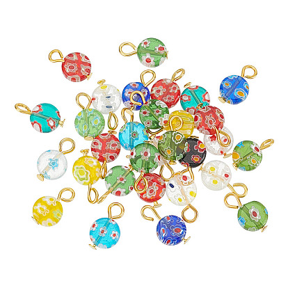 30шт. подвески из стекла миллефиори, с железной фурнитурой, плоско-круглые, золотые