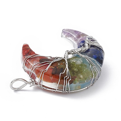Gemstone Chip Copper Wire Wrapped Big Pendants, Moon Charms, with Resin, Platinum