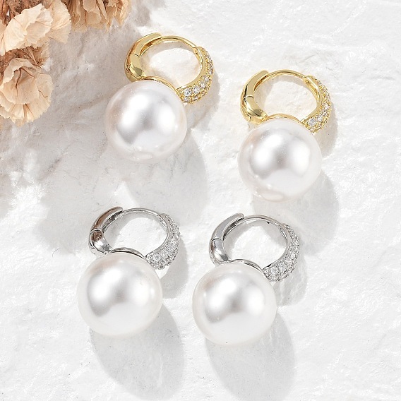 Латунные серьги-кольца из прозрачного кубического циркония, с ABS имитации жемчуга, без свинца и без кадмия, долговечный, стойки покрытие, круглые