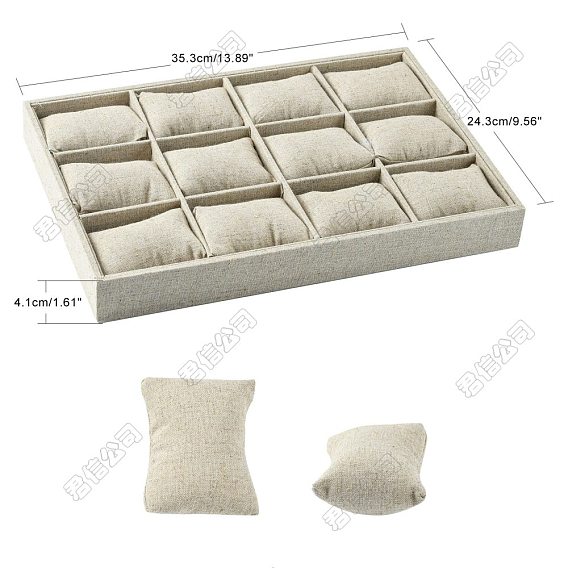 Wood Covered with Imitation Burlap Jewelry Bracelet Displays, 12 Grids Pillows Without Lid Tray Jewelry Storage Holder, Rectangle