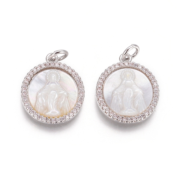 Латунные подвески, с микро проложить кубического циркония, раковины и прыжковые кольца, плоские круглые с Девой Марией, прозрачные