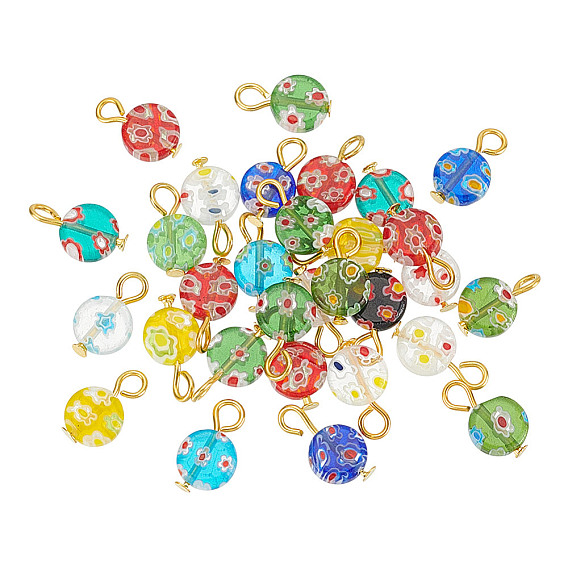 30шт. подвески из стекла миллефиори, с железной фурнитурой, плоско-круглые, золотые