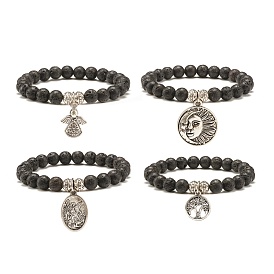 Natural Lava Rock Round Beads Stretch Bracelet, Oil Diffuser Power Jewelry with Drop Charm for Women
