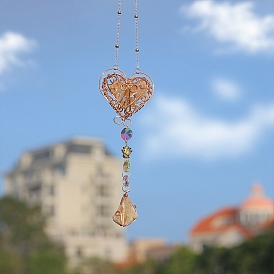 Wire Wrapped Natural Citrine Chip & Metal Heart Hanging Ornaments, Citrine Nuggets Tassel Suncatchers for Garden Outdoor Decoration