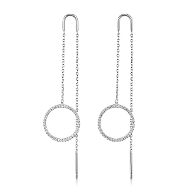 925 Pendientes de botón con anillo de circonita cúbica transparente y micropavé de plata esterlina, hilos de oreja para mujer, Platino