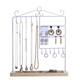 Iron Jewelry Organizer Display Rack, with Wooden Tray, for Necklaces Earrings Rings Display