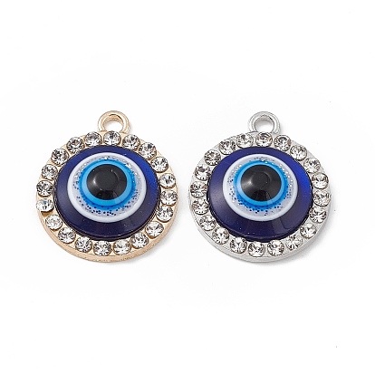 Alloy Crystal Rhinestone Pendants, with Resin Evil Eye, Flat Round Charms