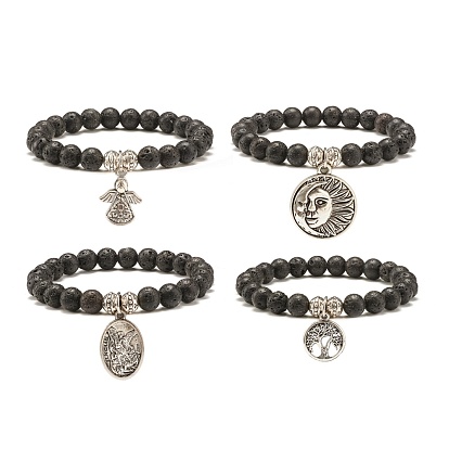 Natural Lava Rock Round Beads Stretch Bracelet, Oil Diffuser Power Jewelry with Drop Charm for Women