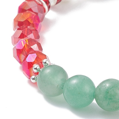 Natural Lava Rock(Dyed) & Green Aventurine Stretch Bracelet, Alloy Tree & Glass Charm Christmas Bracelet for Women