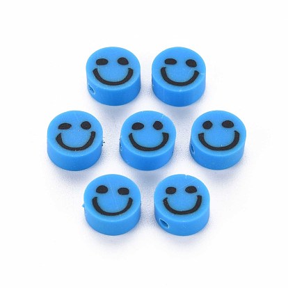 Handmade Polymer Clay Beads, Flat Round with Smiling Face