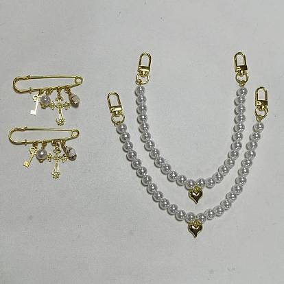 4Pcs ABS Plastic Imitation Pearl Bag Extender Chains and Steel Brooches, with Alloy Pendant and Alloy Swivel Clasps