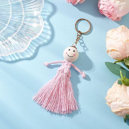 Брелки из хлопка, с железными кольцами для ключей и деревянными бусинами, золотые