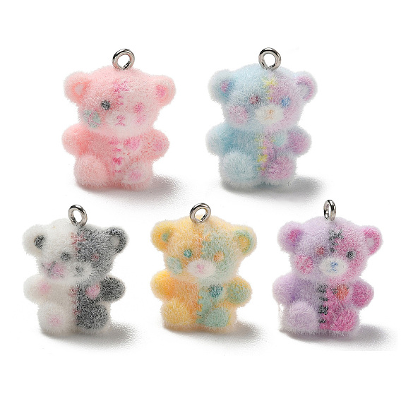 Flocking Opaque Resin Pendants, Teddy Bear Charm, with Platinum Iron Tone Loop, Two Tone