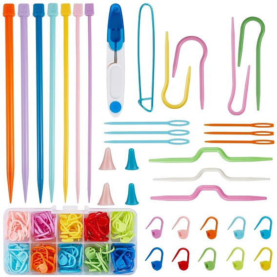 Knitting Tool Set, with Plastic Knitting Needles, Stitch Needle Clip, Sewing Scissors, Aluminum Stitch Holder and Knitting Needle Caps