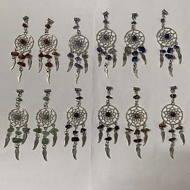 12 piezas 6 estilos colgantes grandes con chips de piedras preciosas mixtas naturales, Red/red tejida de aleación con dijes de plumas., plata antigua