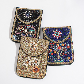 Sacs à bandoulière en cuir pu pour femmes, sac de téléphone de style bohème à motif perlé, avec fermoir magnétique, éléphant/arbre/trèfle