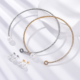 Круглые пластиковые серьги-гвоздики с имитацией жемчуга и комплекты колье-чокеров с кубическим цирконием и стразами, 304 комплект украшений из нержавеющей стали для женщин