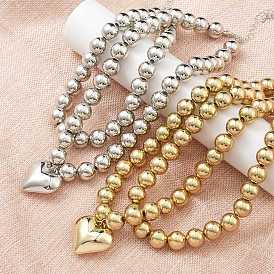 2Pcs 2 Styles Alloy Heart Pendant Necklaces Set, Round CCB Plastic Beaded Necklaces for Women