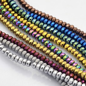 Electroplate Non-magnetic Synthetic Hematite Beads Strands, Faceted Rondelle, 4x3mm, Hole: 1mm, about 141pcs/strand, 15.7 inch