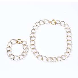 Aluminum Textured Curb Chain Bracelets & Necklaces Jewelry Sets, with Alloy Toggle Clasps