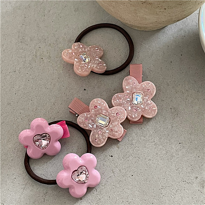 Pink Flower Hair Clip with Heart-shaped Rhinestone Hair Tie - Delicate and Elegant.