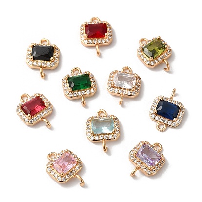 Латунные микро-паве прозрачные циркониевые прямоугольные звенья-подвески-соединители, со стеклом, золотые