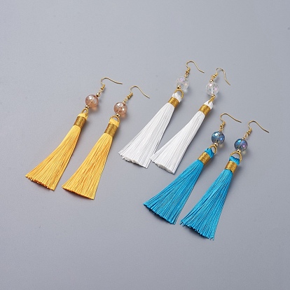 Polyester Tassel Dangle Earrings, with Electroplate Glass Beads, Brass Beads and Earring Hooks
