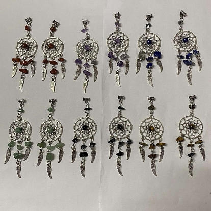 12 piezas 6 estilos colgantes grandes con chips de piedras preciosas mixtas naturales, Red/red tejida de aleación con dijes de plumas., plata antigua