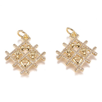 Brass Micro Pave Clear Cubic Zirconia Pendants, Long-Lasting Plated, With Jump Rings, Rhombus with Boy & Girl & Bowknot Heart