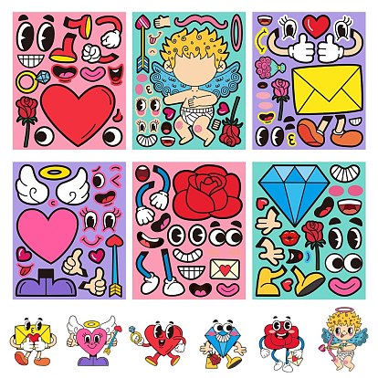 6 Styles Valentine's Day Themed Make-a-face Paper Stickers, Self-adhesive Make your Own Decals, Removable Sticker for Party Supplies, Angel & Dimond & Heart & Envelope & Rose PatternPattern