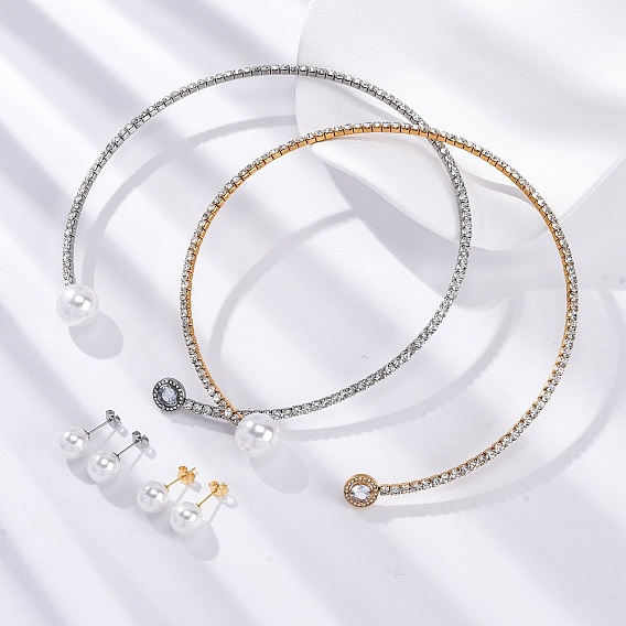 Круглые пластиковые серьги-гвоздики с имитацией жемчуга и комплекты колье-чокеров с кубическим цирконием и стразами, 304 комплект украшений из нержавеющей стали для женщин