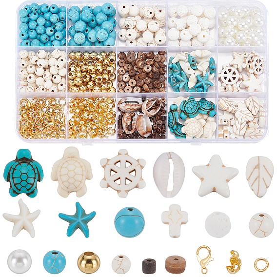 Наборы для изготовления браслетов своими руками, Включают в себя бусины из синтетического магнезита, бирюзы, лавовой породы и говлита., акриловый жемчуг, кокосовые и латунные бусины, Карабин-лобстер из цинкового сплава