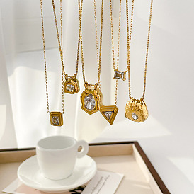 304 Stainless Steel Pave Clear Cubic Zirconia Geometric Pendant Necklaces for Women, Golden