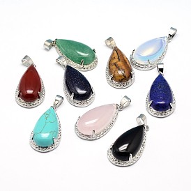 Teardrop Platinum Plated Brass Gemstone Pendants, Heated, Cadmium Free & Lead Free, 36x18x10mm, Hole: 4x8mm