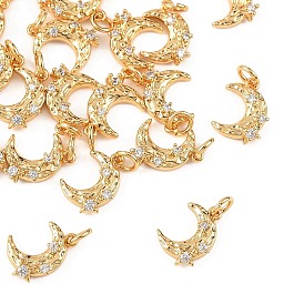 SHEGRACE Brass Micro Pave Clear Cubic Zirconia Charms, Moon with Star Charms, Cadmium Free & Lead Free & Nickel Free