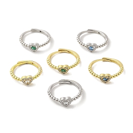 Rack Plating Brass Micro Pave Cubic Zirconia Adjustable Rings, Long-Lasting Plated, Lead Free & Cadmium Free, Heart