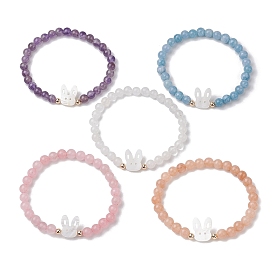 Cute Rabbit Shell & Natural Mixed Gemstone Beaded Stretch Bracelets for Women