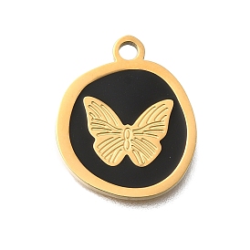 PVD Vacuum Plating 201 Stainless Steel Pendants, with Enamel, Flat Round with Butterfly Charm, Real 18K Gold Plated