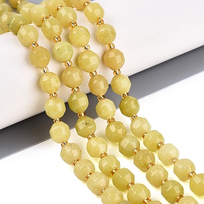Natural Lemon Jade Beads Strands, Round, Faceted, with Glass Beads